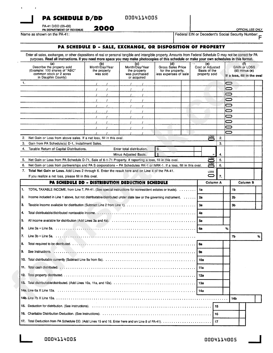 Form Pa-41 - Schedule D/dd Sale, Exchange, Or Disposition Of Property 2000
