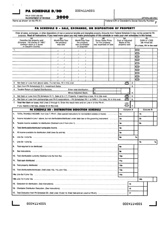 Form Pa-41 - Schedule D/dd Sale, Exchange, Or Disposition Of Property 2000 Printable pdf
