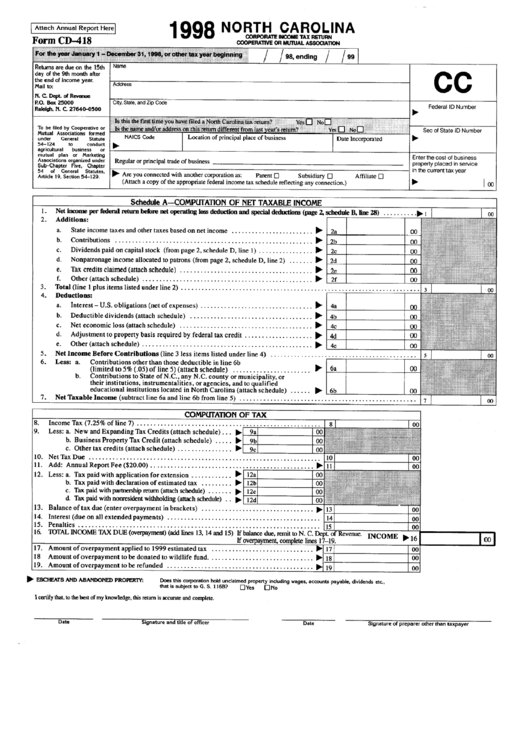 Fillable Form Cd-418 - Corporate Income Tax Return - Cooperative Or Mutual Association - North Carolina - 1998 Printable pdf