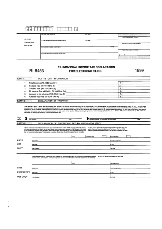Form Ri-8453 - R.i. Individual Income Tax Declaration For Electronic Filing - 1999 Printable pdf