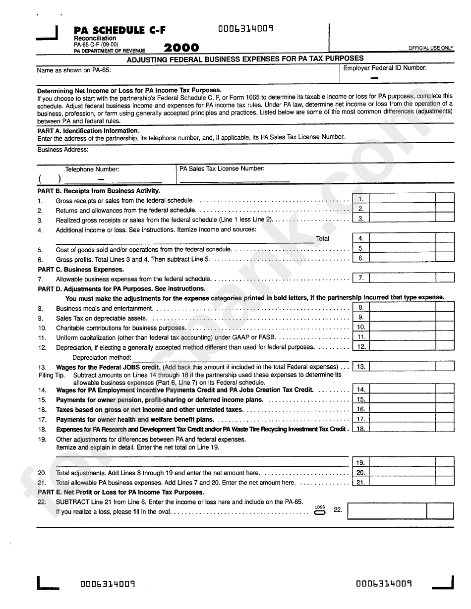 Form Pa-65 - Pa Schedule C-F Adjusting Federal Business Expenses For Pa Tax Purposes 2000