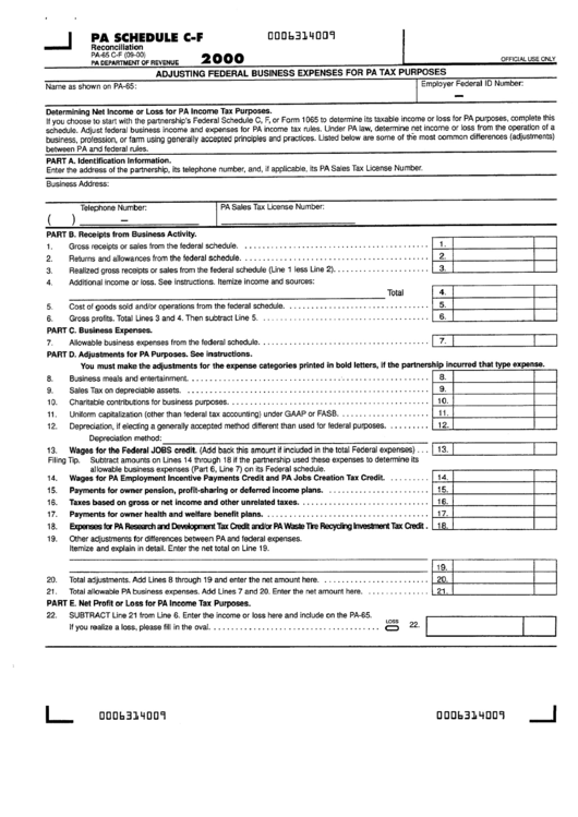 Form Pa-65 - Pa Schedule C-F Adjusting Federal Business Expenses For Pa Tax Purposes 2000 Printable pdf