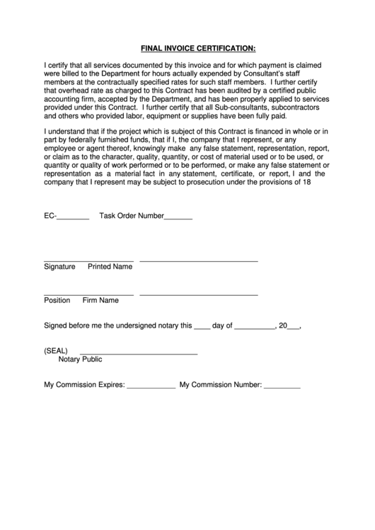 Final Invoice Certification Printable pdf