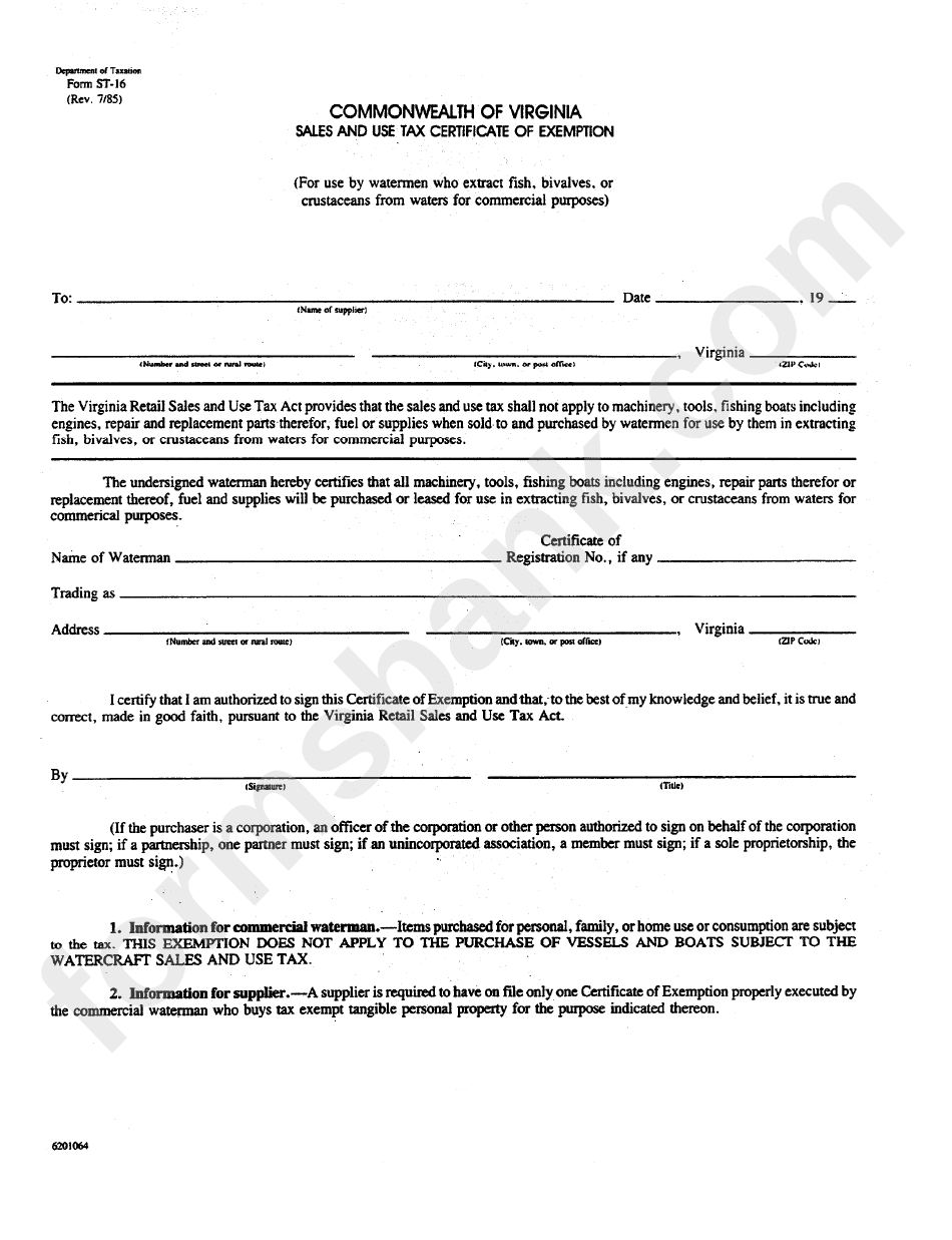 Form St-16 - Sales And Use Tax Certificate Of Exemption - Commonwealth Of Virginia
