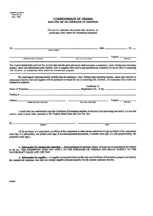 Form St-16 - Sales And Use Tax Certificate Of Exemption - Commonwealth Of Virginia Printable pdf