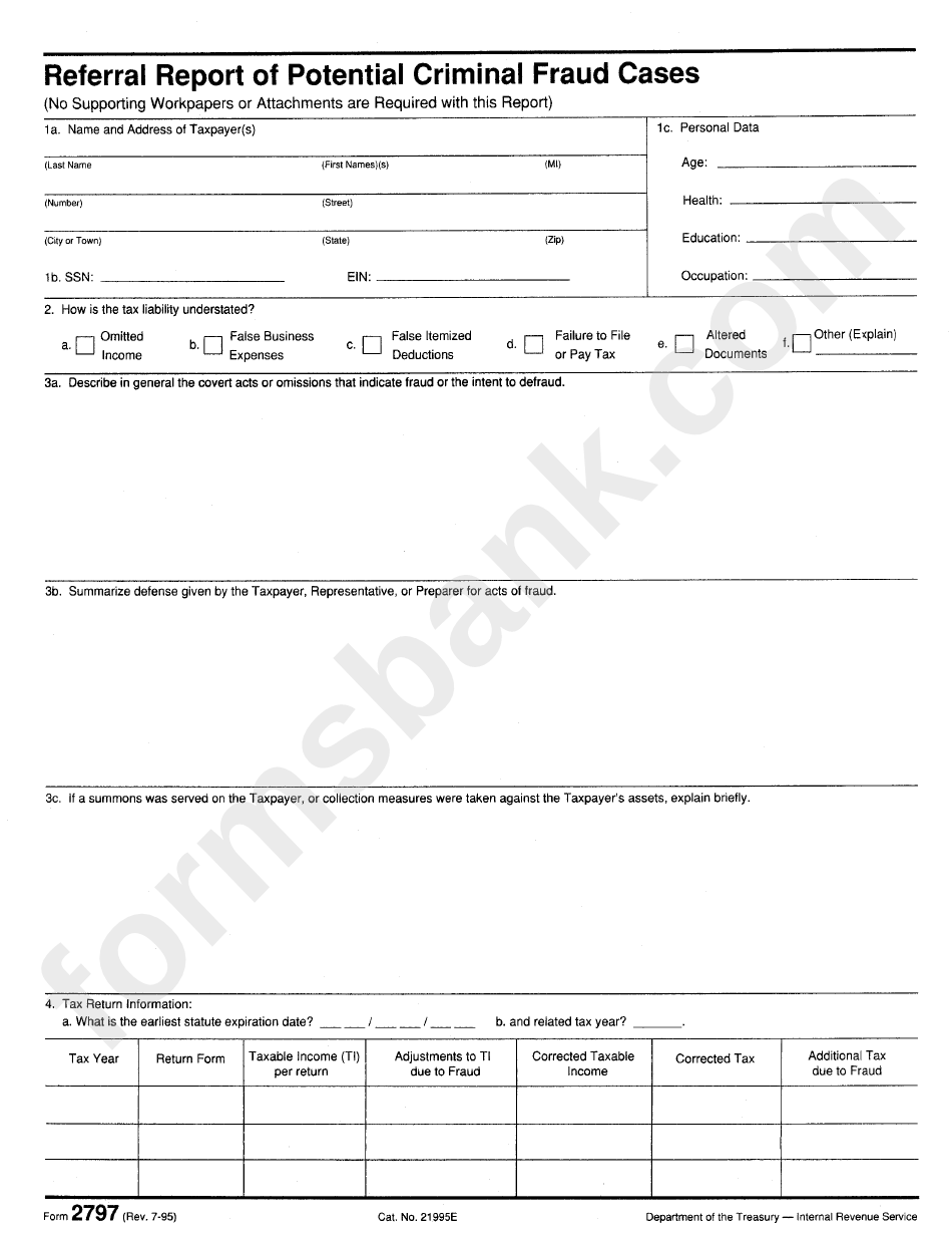Form 2797 - Referral Report Of Potential Criminal Fraud Cases 1995