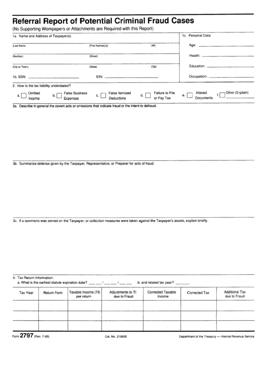 Form 2797 - Referral Report Of Potential Criminal Fraud Cases 1995 Printable pdf