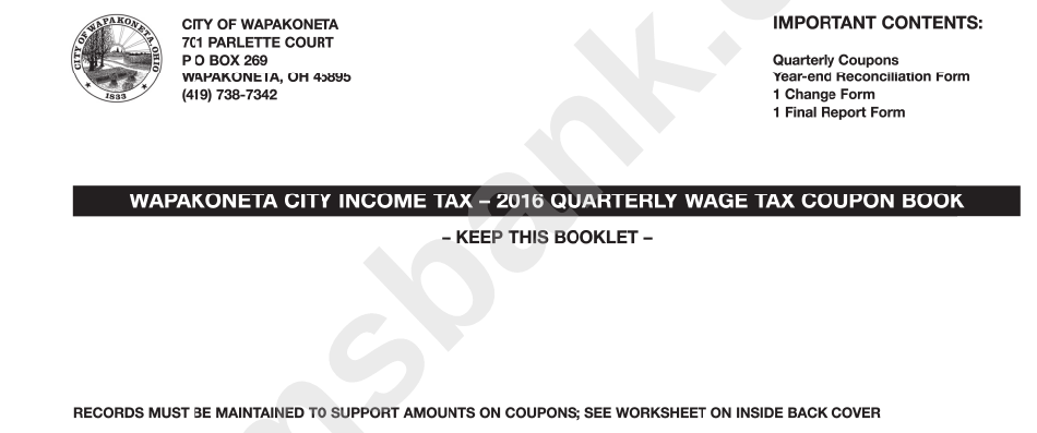 Wapakoneta City Income Tax - Quarterly Wage Tax Coupon Book - 2016