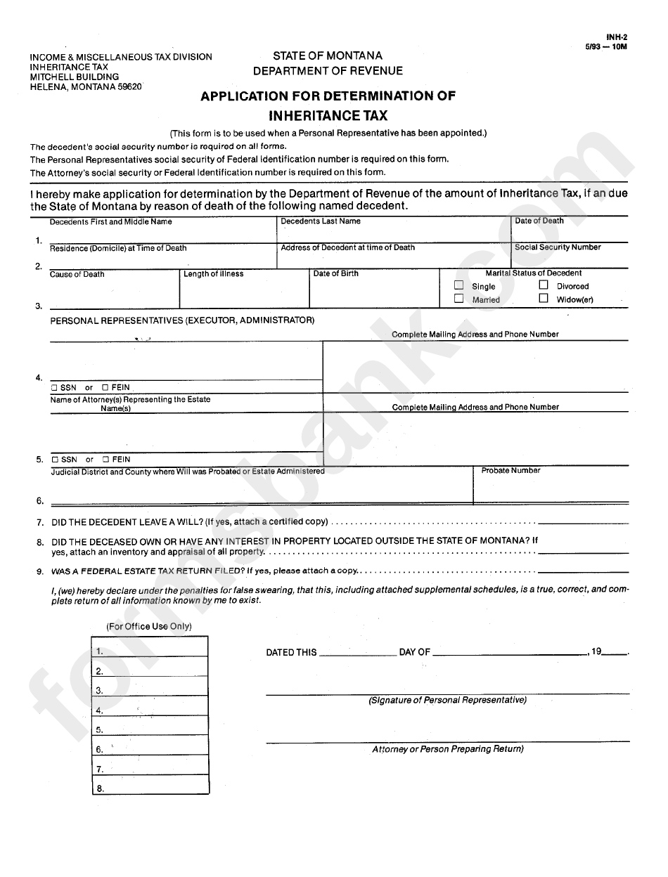 Form Inh-2 - Application For Determination Of Inheritance Tax 1993