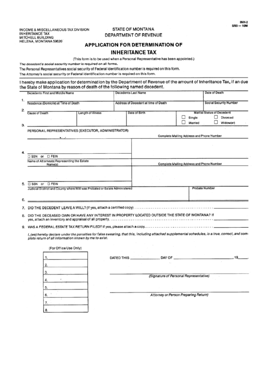Form Inh-2 - Application For Determination Of Inheritance Tax 1993 Printable pdf
