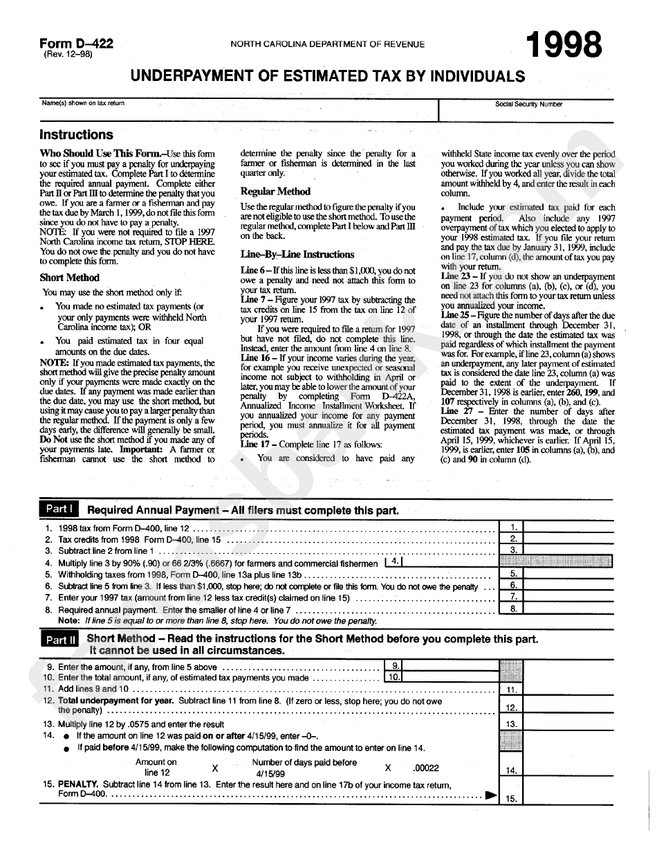 Form D-422 - Underpayment Of Estimated Tax By Individuals - North Carolina Department Of Revenue - 1998