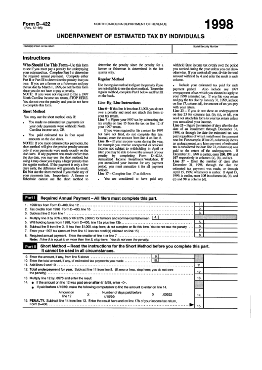 Fillable Form D-422 - Underpayment Of Estimated Tax By Individuals - North Carolina Department Of Revenue - 1998 Printable pdf