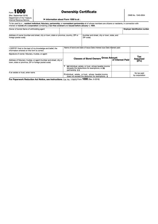 Fillable Form 1000 - Ownership Certificate Printable pdf
