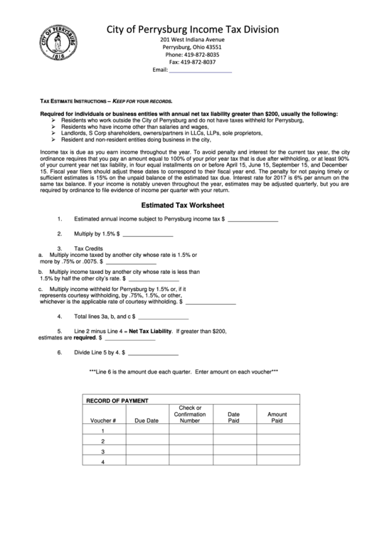 Fillable Estimated Tax Worksheet - City Of Perrysburg Income Tax Division Printable pdf