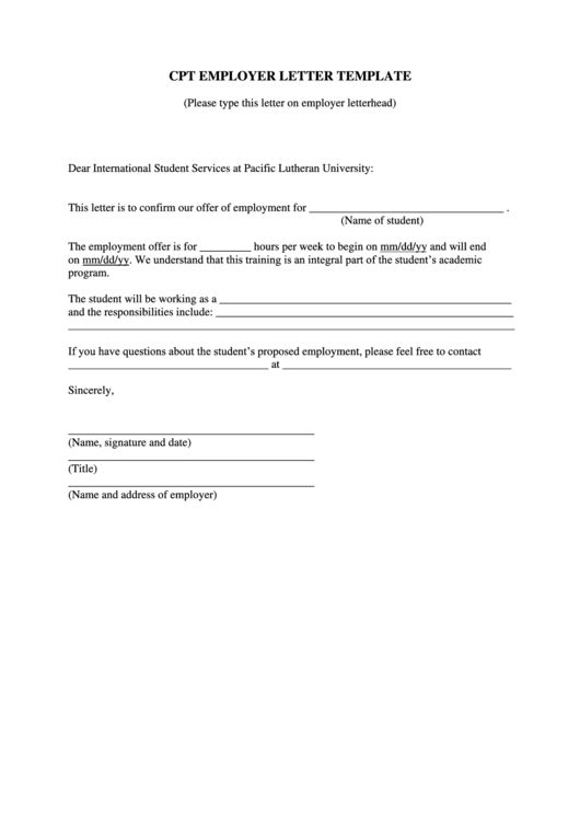 Curricular Practical Training Employer Letter Template Printable pdf