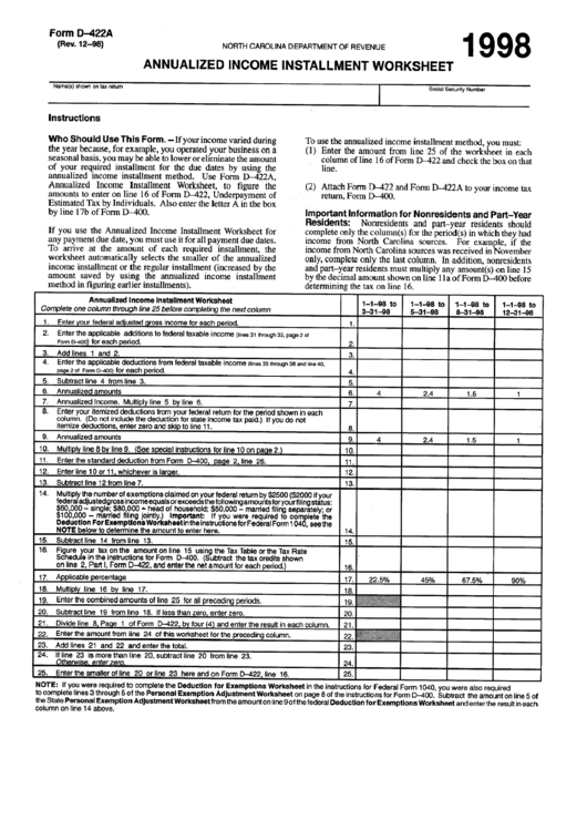 Fillable Form D-422a - Annualized Income Installment Worksheet - North Carolina Department Of Revenue - 1998 Printable pdf