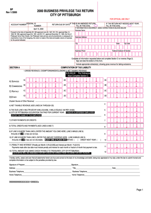 Form Bp - Business Privilege Tax Return City Of Pittsburgh - 2000 Printable pdf