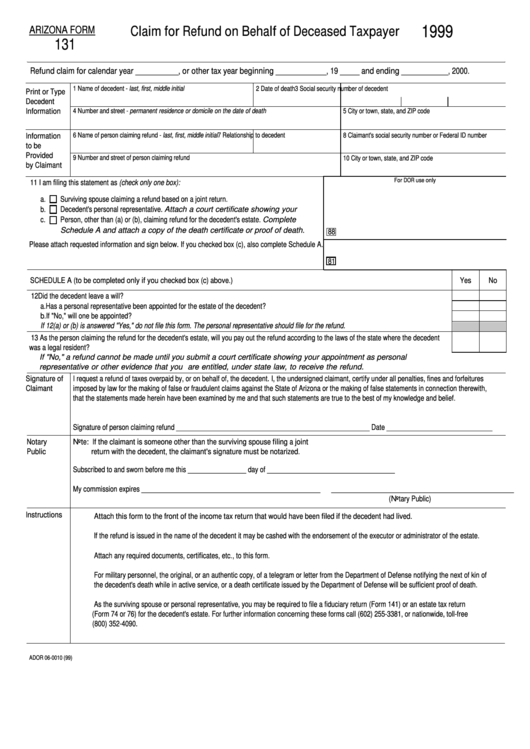 Fillable Form 131 - Claim For Refund On Behalf Of Deceased Taxpayer - 1999 Printable pdf
