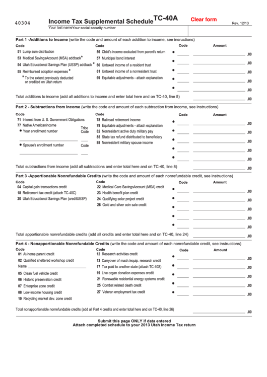 Fillable Form Tc-40 - Income Tax Supplemental Schedule - 2013 Printable pdf