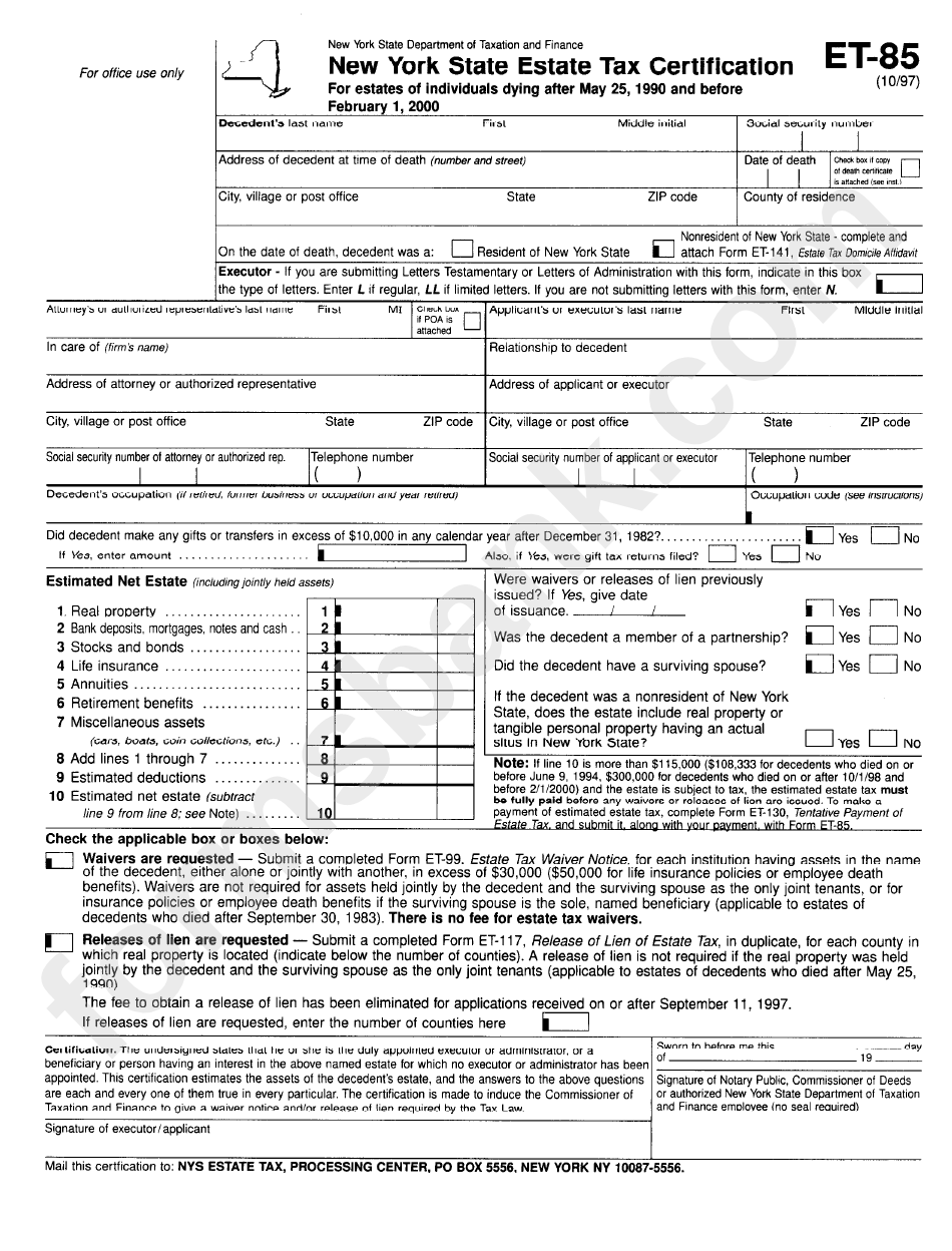 Fillable Form Et-85 - New York State Estate Tax Certification - 1990 ...