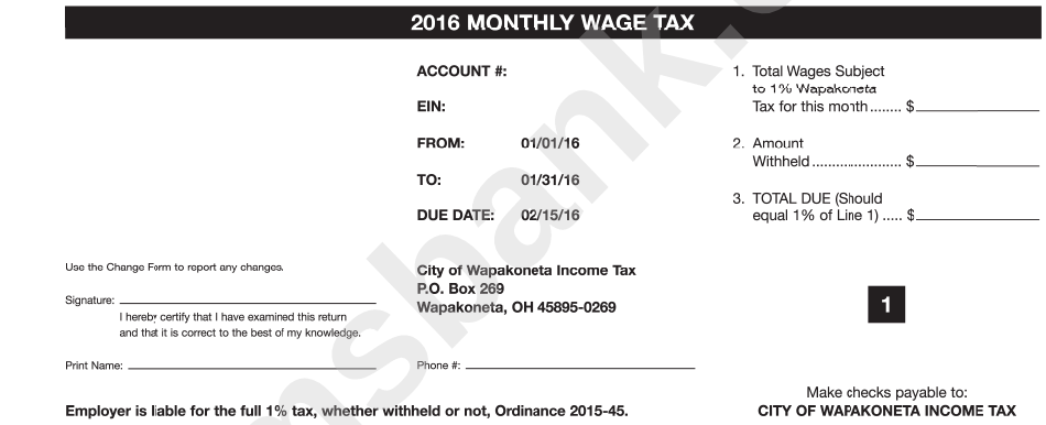 Monthly Wage Tax Coupon Book - 2016
