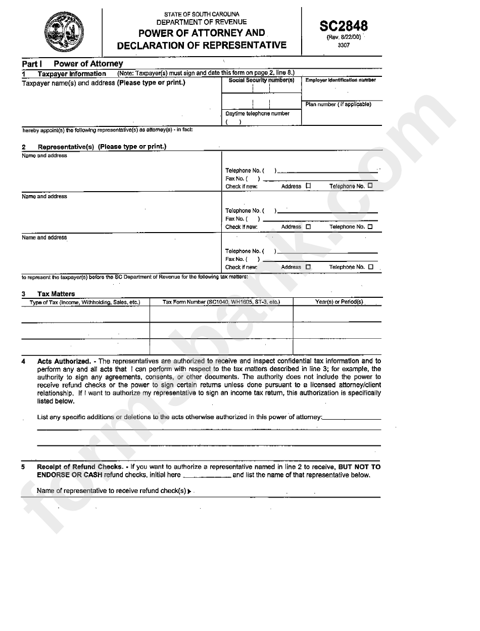 Form - Sc2848 - Power Of Attorney And Declaration Of Representative