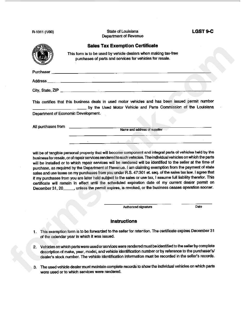 Form Lgst 9-C - Sales Tax Examption Certificate