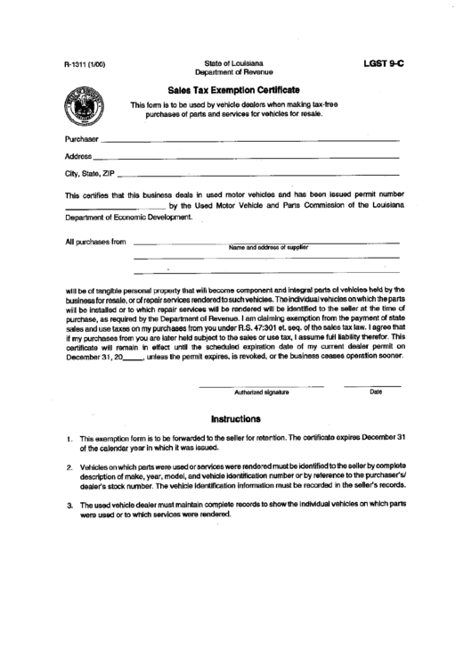 Form Lgst 9-C - Sales Tax Examption Certificate Printable pdf