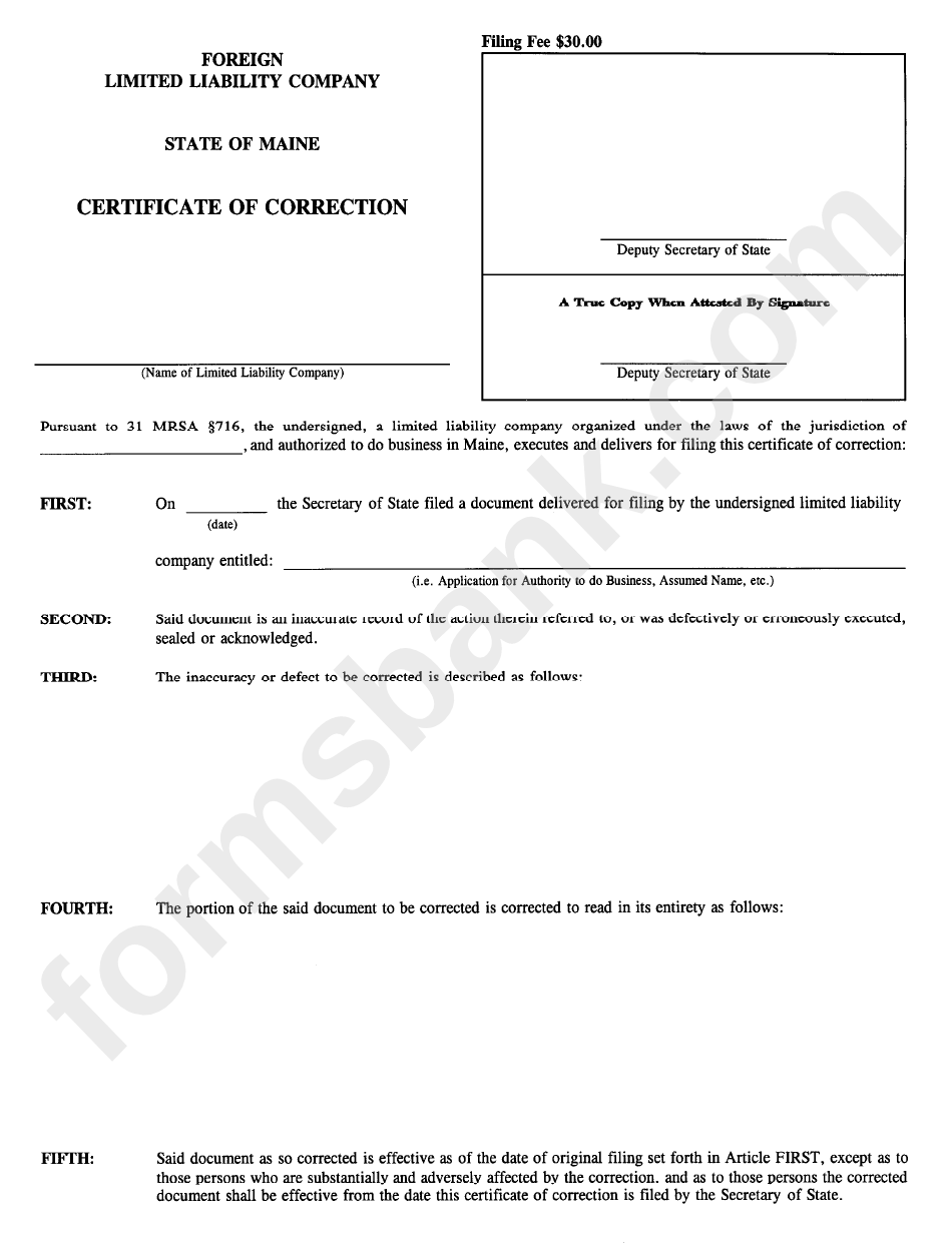 Form Mllc-17a - Certificate Of Correction Foreign Limited Liability Company