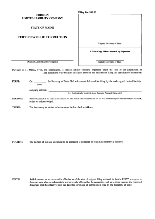 Form Mllc-17a - Certificate Of Correction Foreign Limited Liability Company Printable pdf