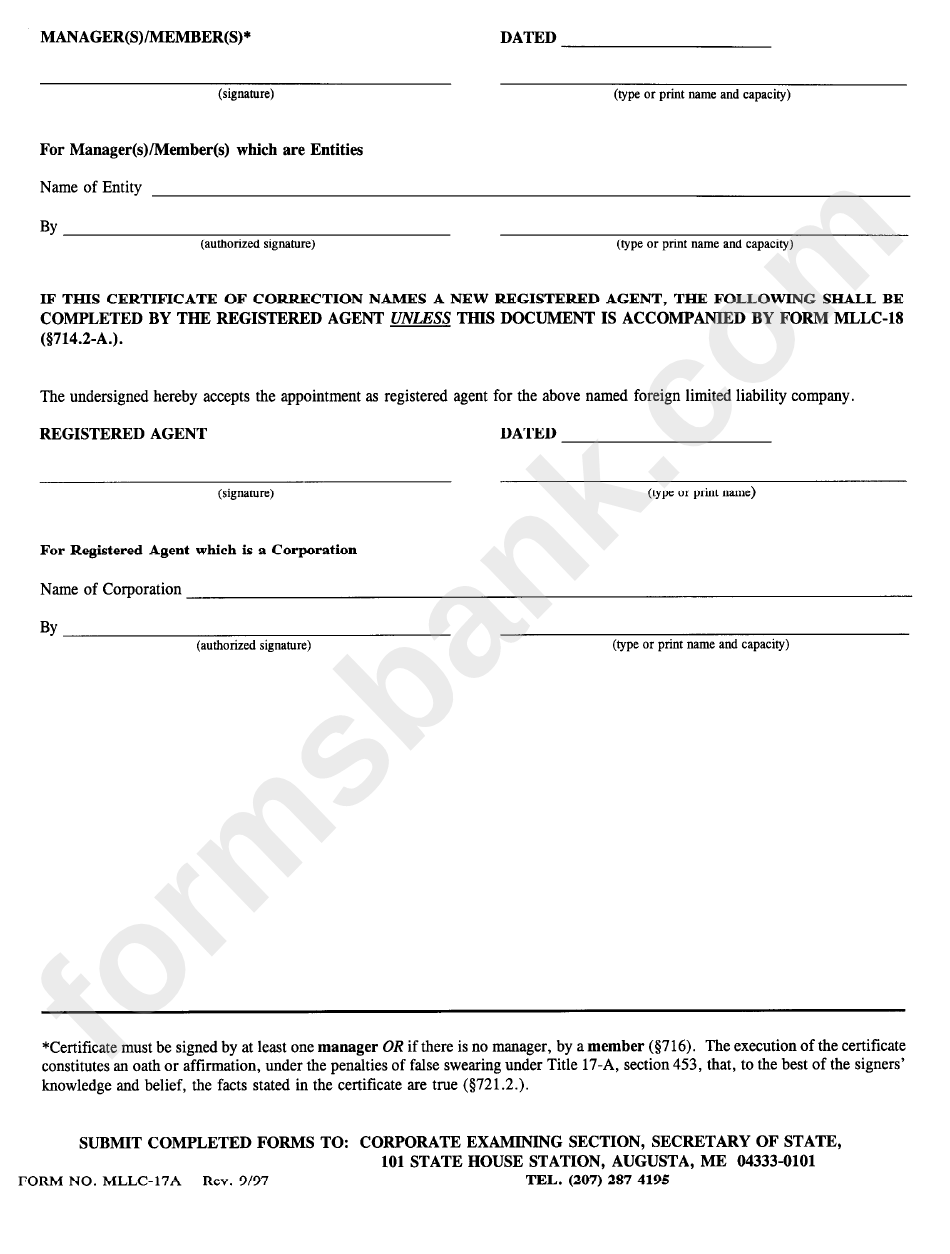 Form Mllc-17a - Certificate Of Correction Foreign Limited Liability Company