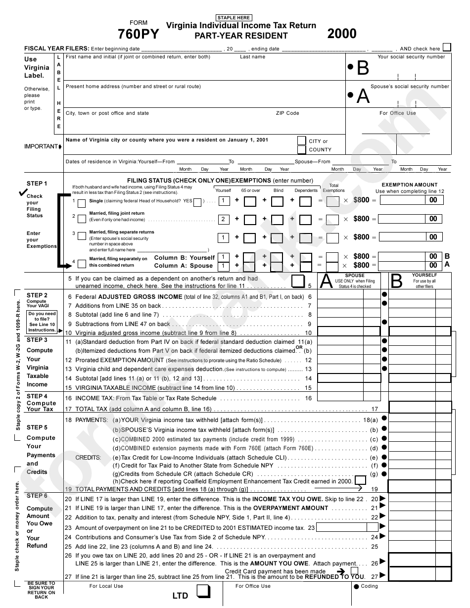 Form 760py - Virginia Individual Income Tax Return Part-Year Resident - 2000