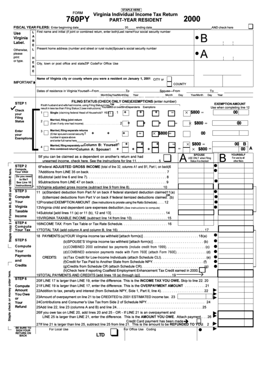 Form 760py - Virginia Individual Income Tax Return Part-Year Resident - 2000 Printable pdf
