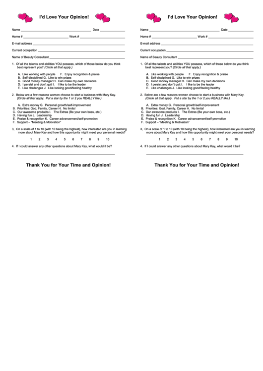 Opinion Form - Mary Kay Printable pdf