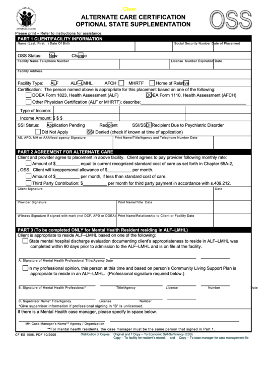 Fillable Form Cf-Es 1006 - Alternate Care Certification Optional State Supplementation Printable pdf