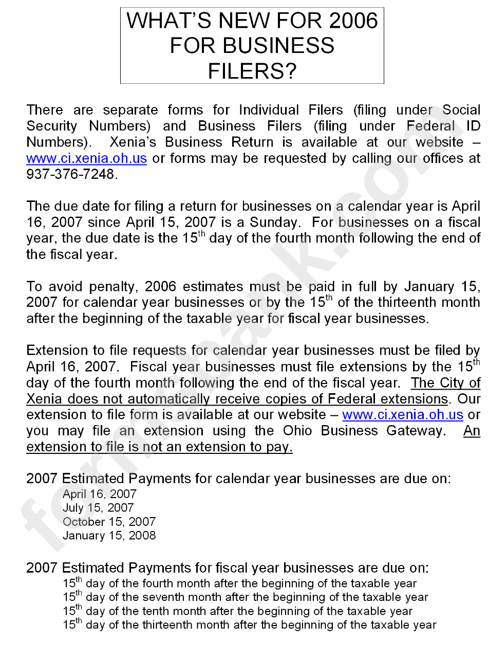 Xenia City Business Income Tax Return Form 2006
