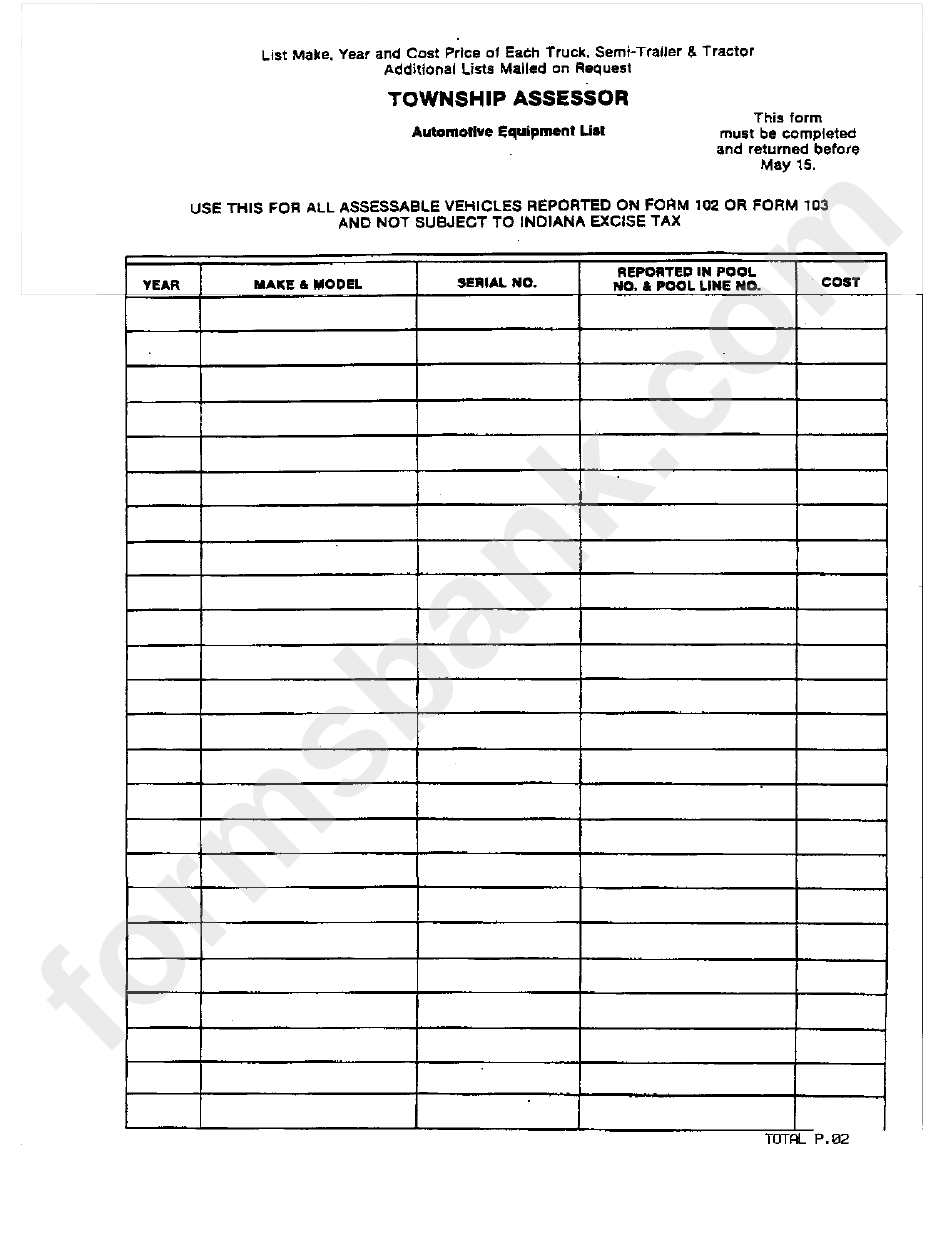 Township Assessor Automotive Equipment List printable pdf download