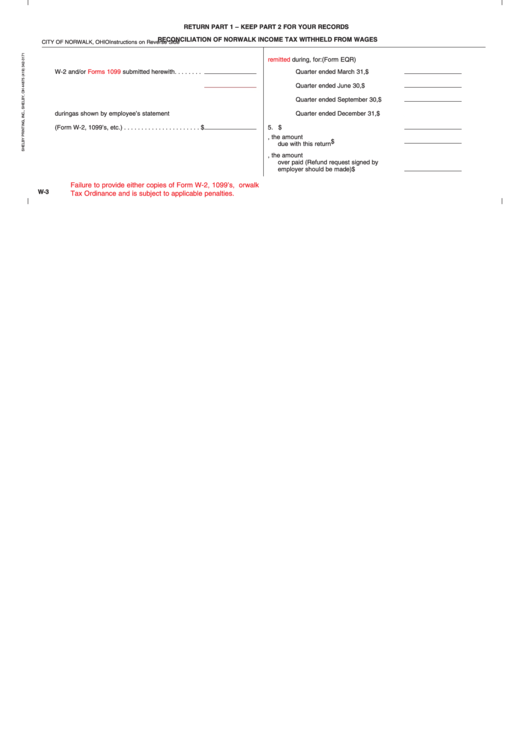 Form W-3 - Reconciliation Of Norwalk Income Tax Withheld From Wages Printable pdf