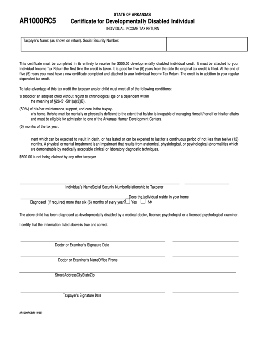 Form Ar1000rc5 - Certificate For Developmentally Disabled Individual Printable pdf