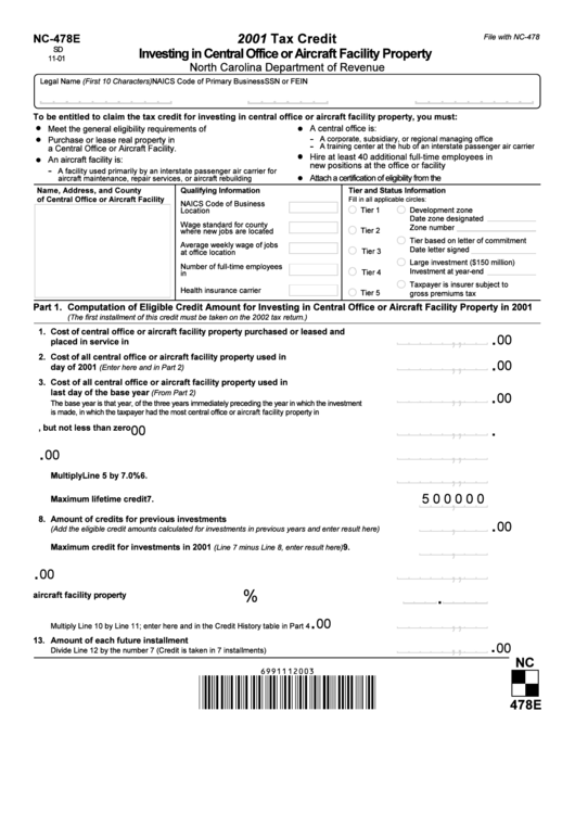 Form Nc-478e - Tax Credit Investing In Central Office Or Aircraft Facility Property 2001 Printable pdf