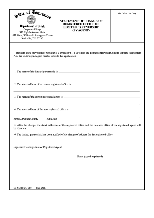 Form Ss-4478 - Statement Of Change Of Registered Office Of Limited Partnership (By Agent) 2000 Printable pdf