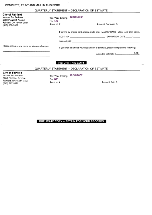 Fillable Quarterly Statement - Declaration Of Estimate - City Of Fairfield - Income Tax Division Form 2002 Printable pdf