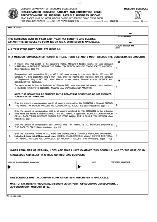 Form Mo 419-1524 - New/expanded Business Facility And Enterprise Zone: Apportionment Of Missouri Taxable Business Income 1995 Printable pdf