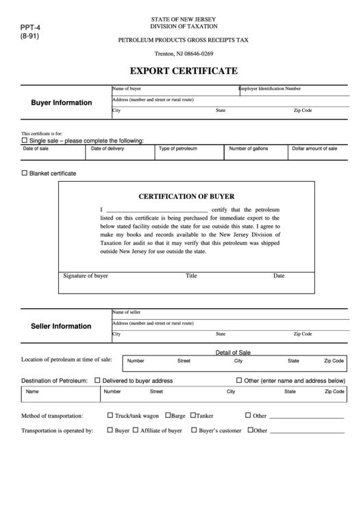 Fillable Form Ppt-4 - Export Certificate 1991 Printable pdf