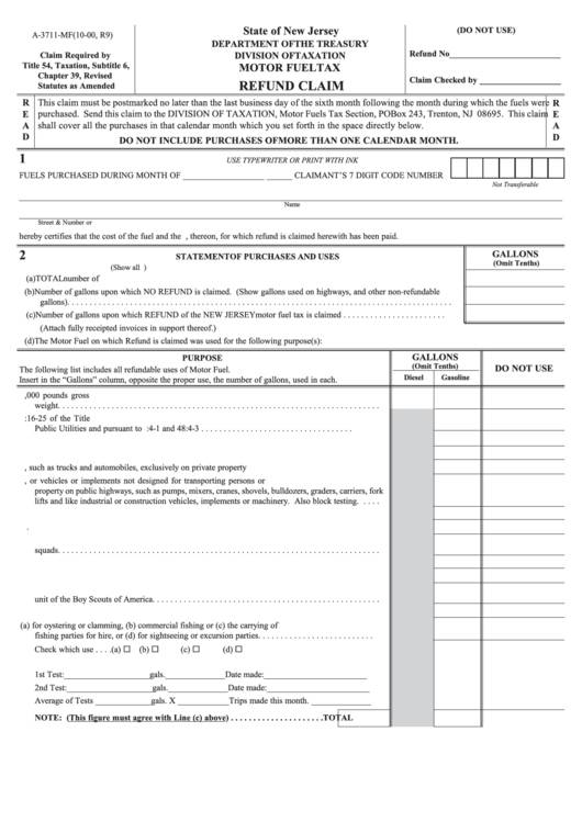 Fillable Form A-3711-Mf - Refund Claim - Motor Fuel Tax 2000 Printable pdf