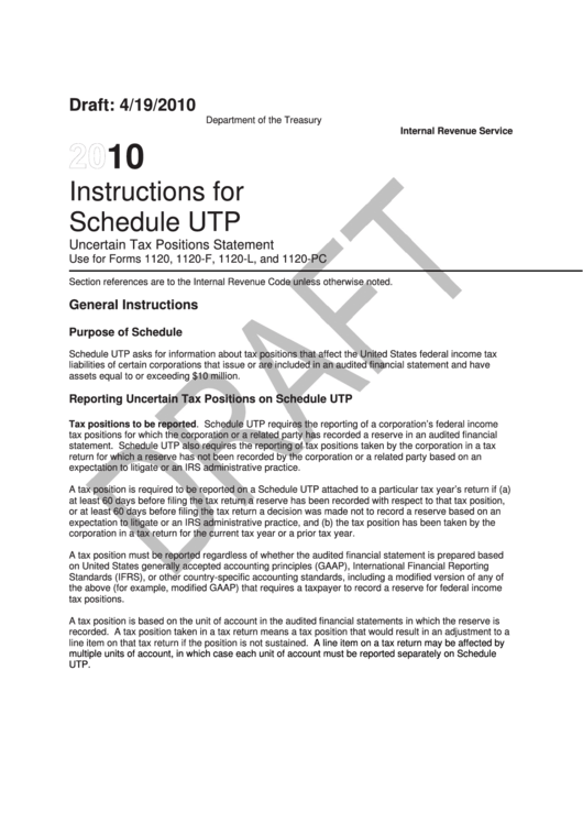 Instructions For Schedule Utp Draft - Uncertain Tax Positions Statement - 2010 Printable pdf