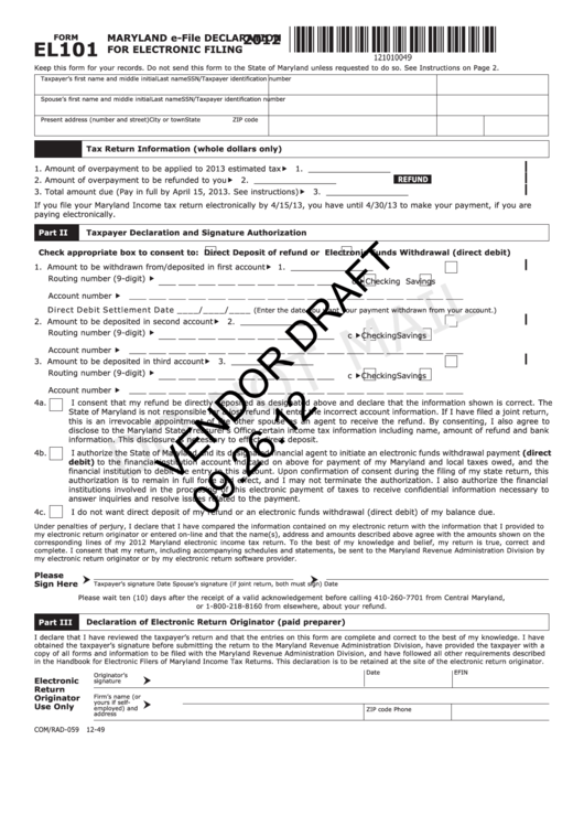 Form El101 Draft - Maryland E-File Declaration For Electronic Filing - 2012 Printable pdf