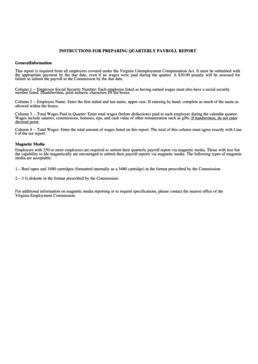 Instructions For Preparing Quarterly Payroll Report Printable pdf