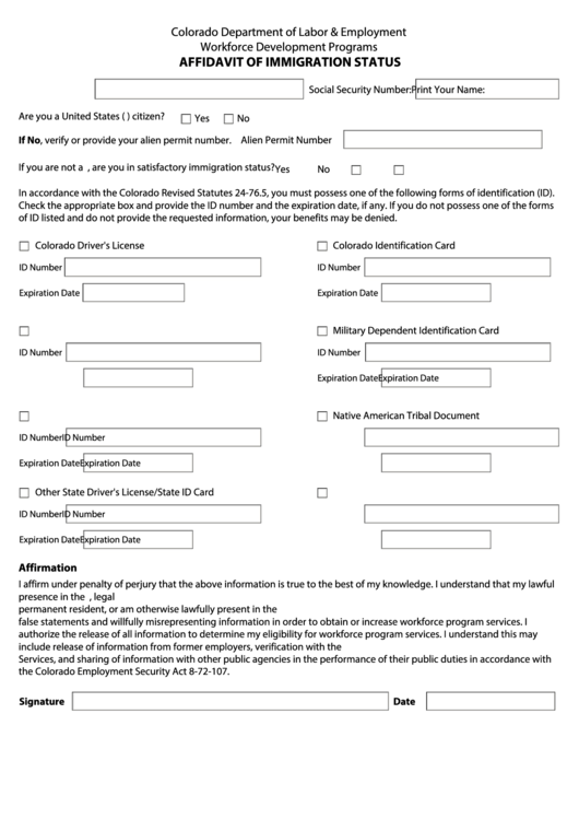 Fillable Affidavit Of Immigration Status Form - Colorado Department Of Labor & Employment Printable pdf