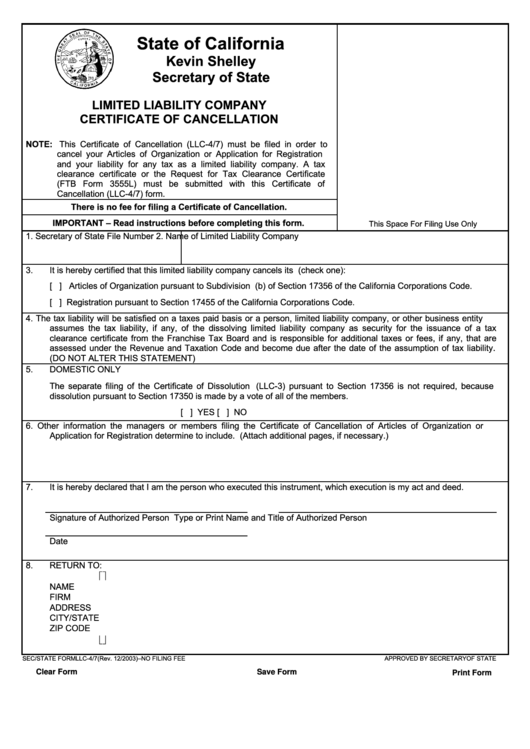 Fillable Form Llc-4/7 - Limited Liability Company Certificate Of Cancellation - California Secretary Of State Printable pdf